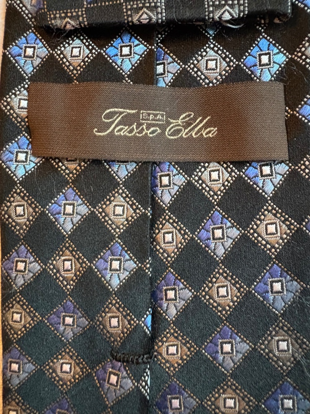 asso Elba 100% Silk Geometric Diamond Pattern Men's Tie Blue Black Classic